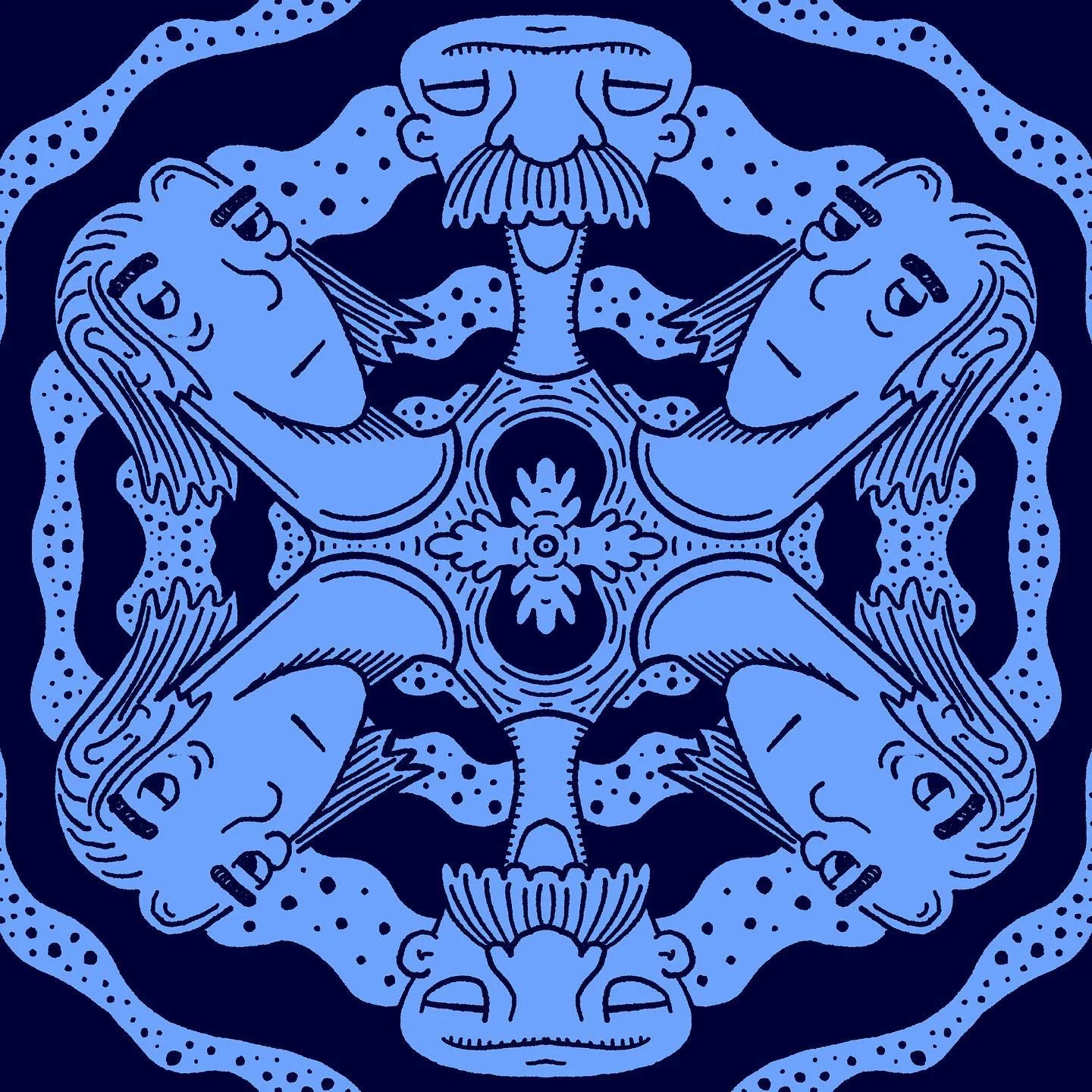 A symmetrical, circular design featuring six light blue faces radiating from a center point, framed by a wavy border, all rendered in blue and black ink.