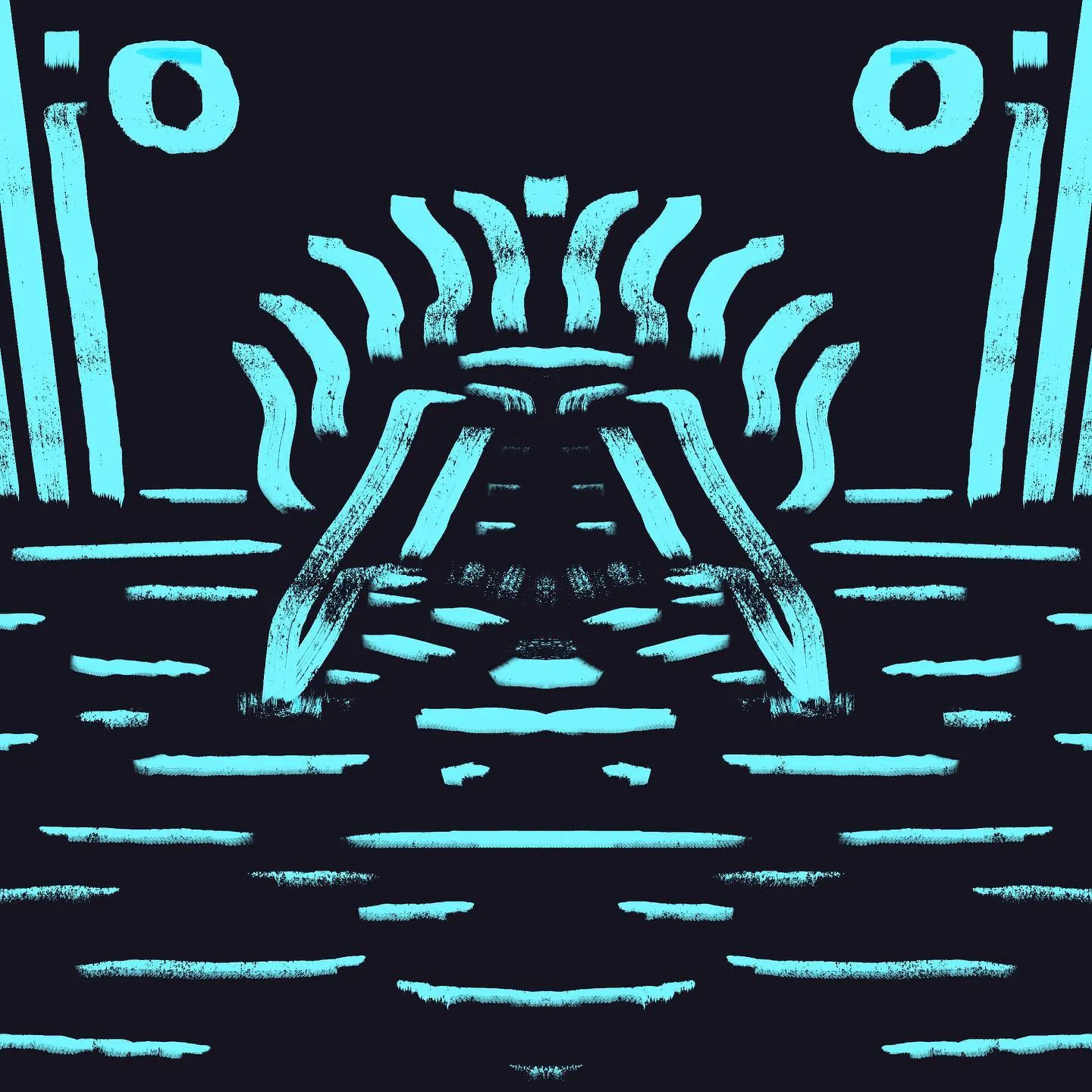 Symmetrical cyan pattern on a black background featuring stylized vertical pillars and a central, fan-like archway composed of curved lines, grounded by multiple horizontal strokes.
