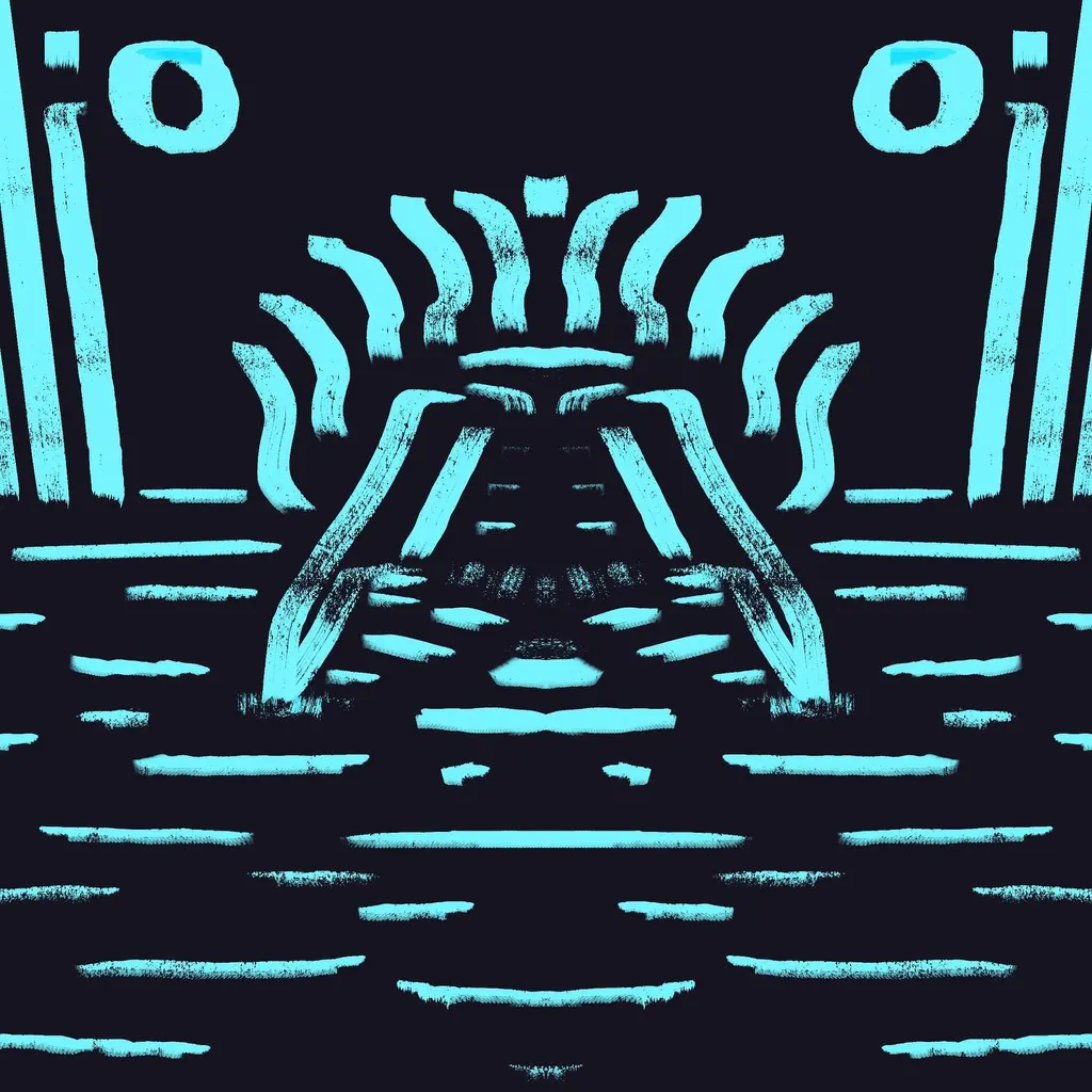 Symmetrical cyan pattern on a black background featuring stylized vertical pillars and a central, fan-like archway composed of curved lines, grounded by multiple horizontal strokes.