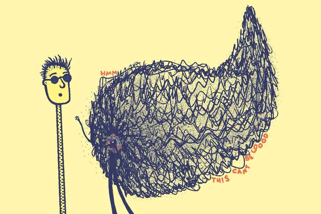 A cartoon man with a yellow face and black hair stands left of a large, dark, scribbled mass that has text written beneath it on a yellow background.