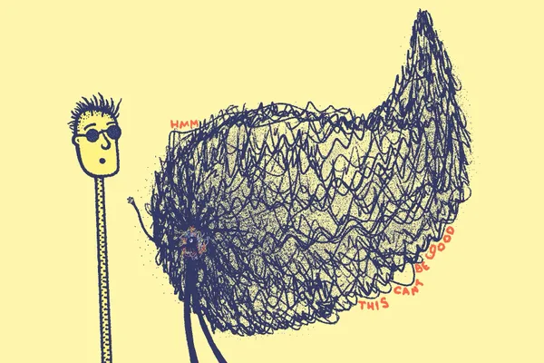 A cartoon man with a yellow face and black hair stands left of a large, dark, scribbled mass that has text written beneath it on a yellow background.