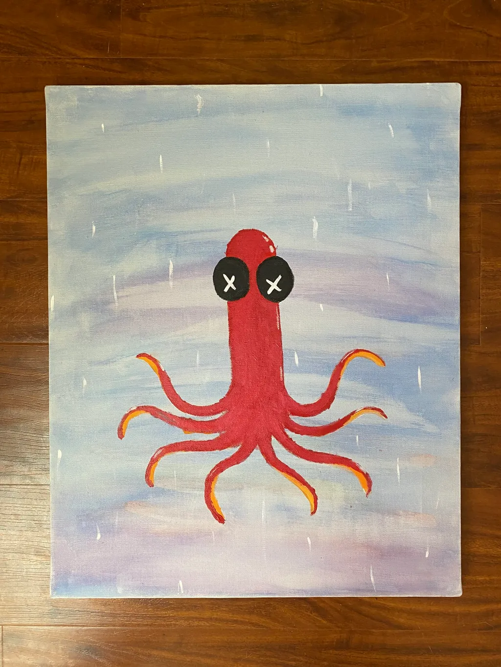 A stylized red octopus with large black X-eyes is centered against a wash of pale blue and white, featuring vertical white streaks across the composition.