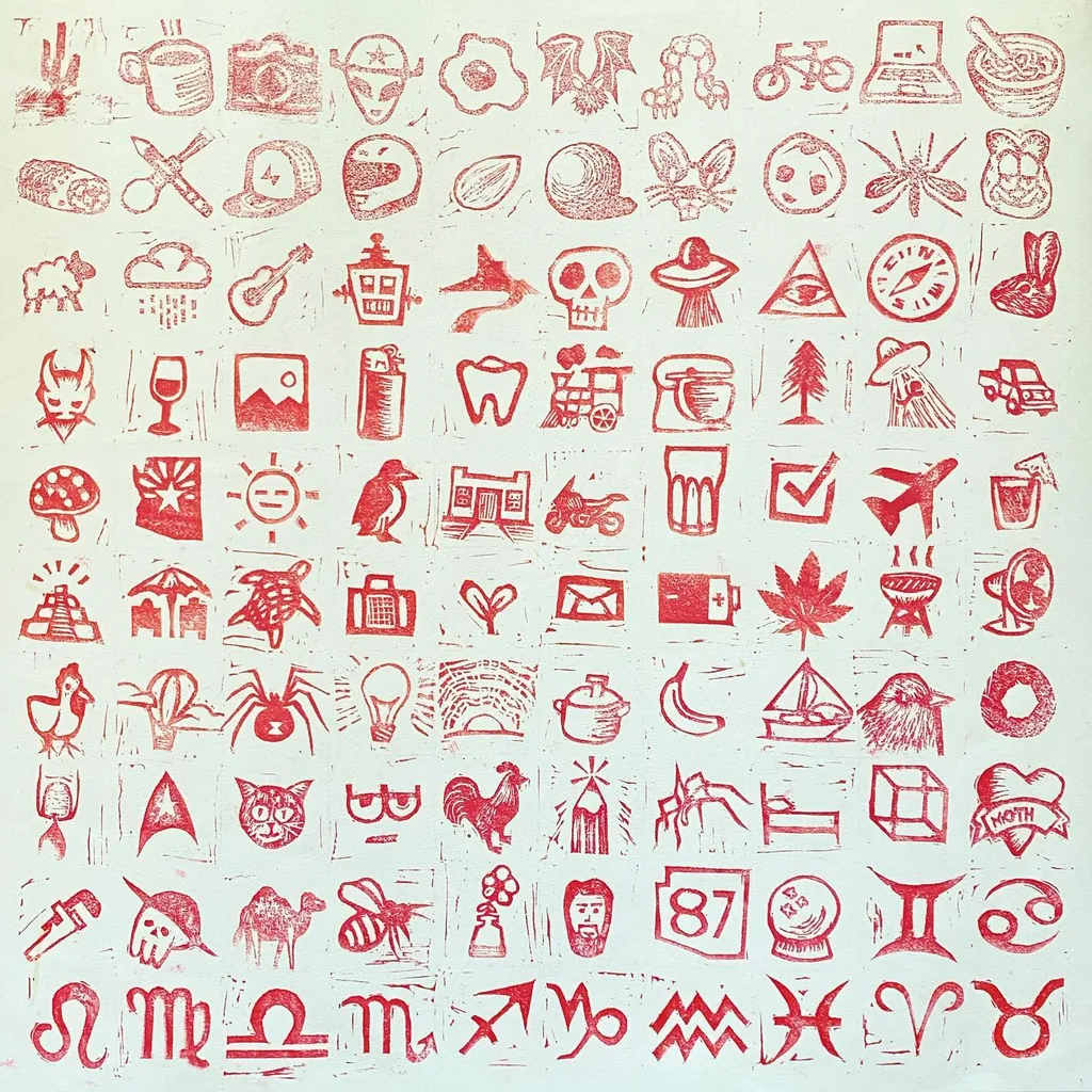A dense grid of red, hand-drawn doodle icons, including zodiac signs, animals, and everyday objects, arranged in rows across the light background.