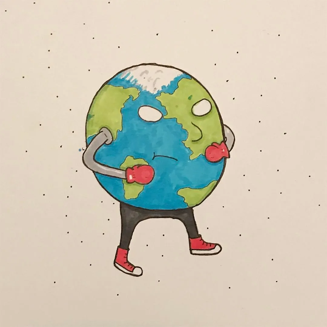 A cartoon drawing of Earth, colored blue and green, standing upright with arms holding a phone and wearing simple legs, set against a light background speckled with dark dots.
