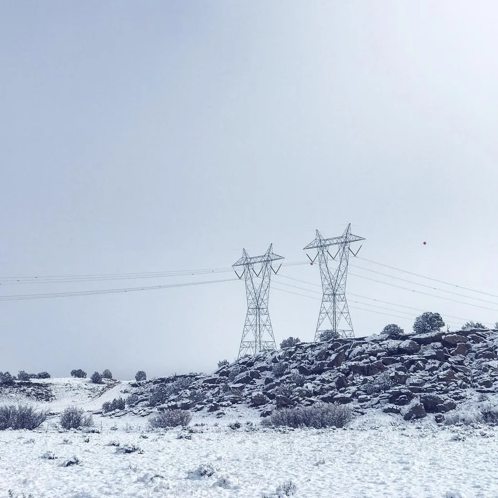 Two prominent metal pylons stand on a dark, rocky mound in the foreground, silhouetted against a vast, pale gray sky and patchy snow.