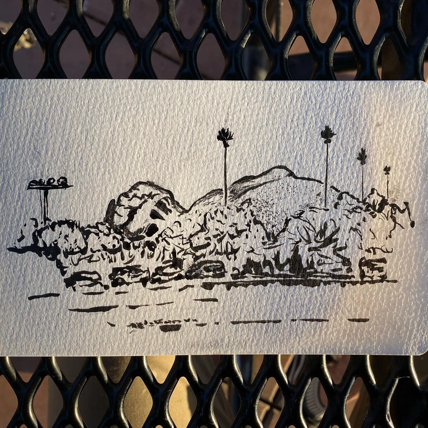 Black ink sketch of a low-lying, densely vegetated island with several tall trees, set in a horizontal composition above marked water.