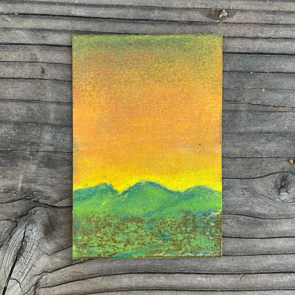 A landscape painting shows a bright yellow to orange gradient sky above rolling green hills and mountains, composed of horizontal bands of blended color.
