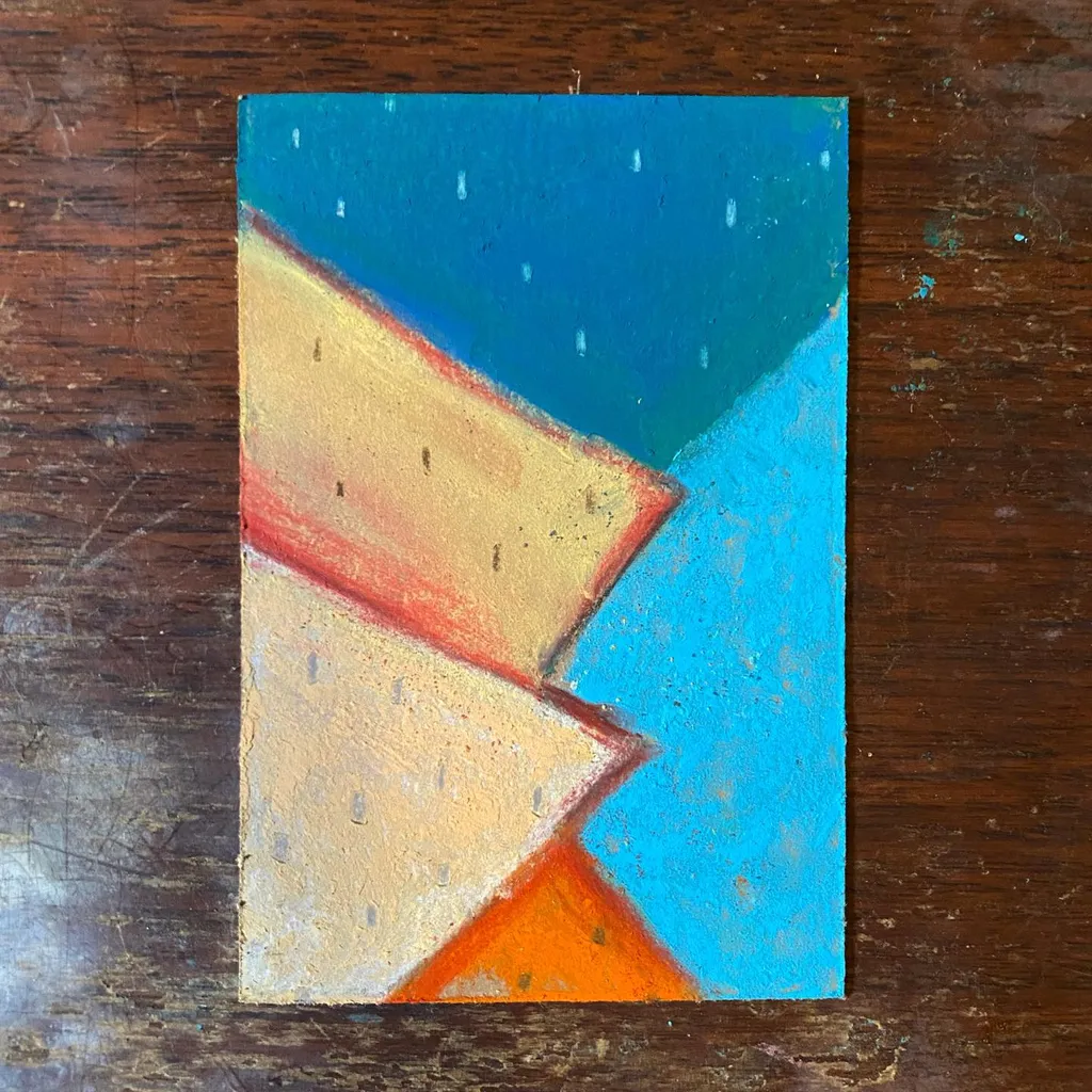 Diagonal abstract shapes dominate the composition, using deep teal, bright cyan, mustard yellow, and orange tones, applied with visible texture and drips.