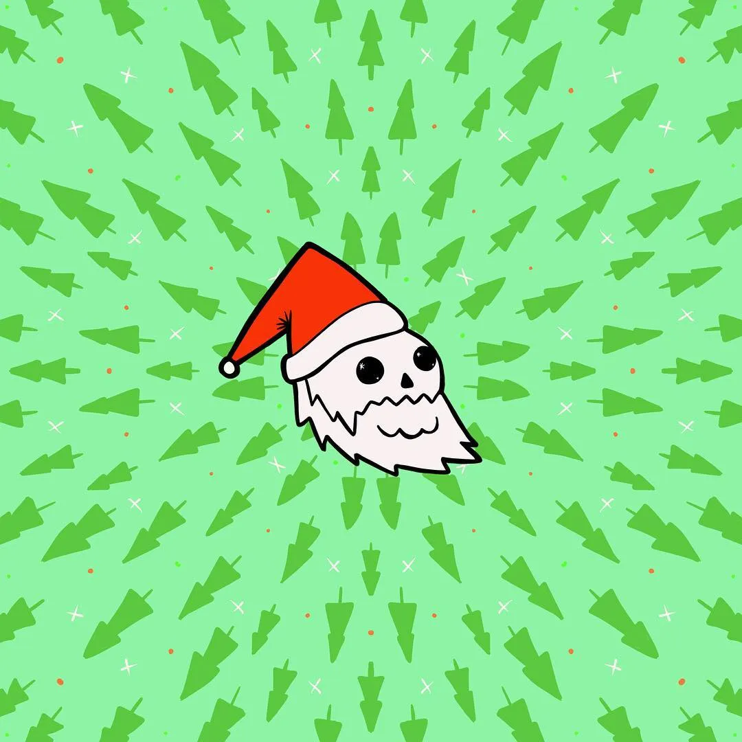 A cartoon skeleton wearing a red Santa hat is centered against a repeating pattern of bright green Christmas trees and small white crosses.