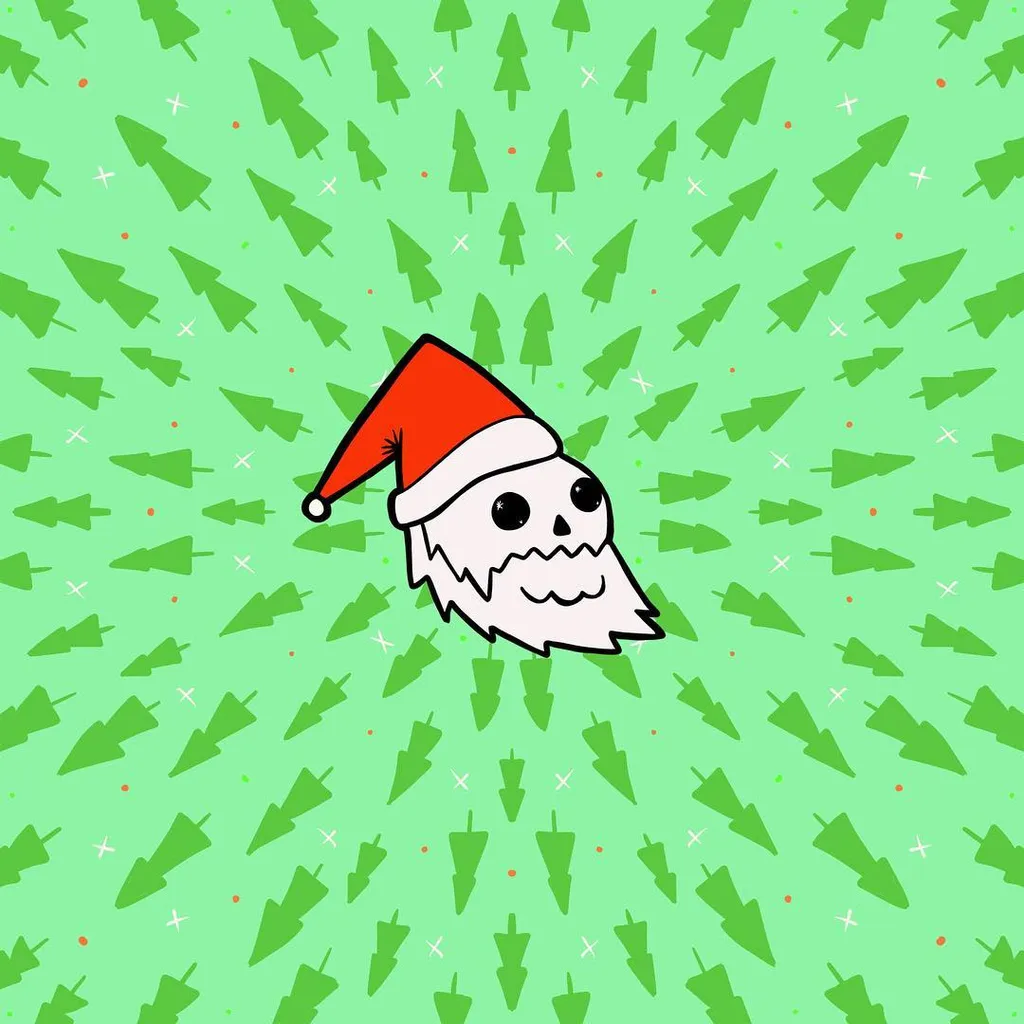 A cartoon skeleton wearing a red Santa hat is centered against a repeating pattern of bright green Christmas trees and small white crosses.