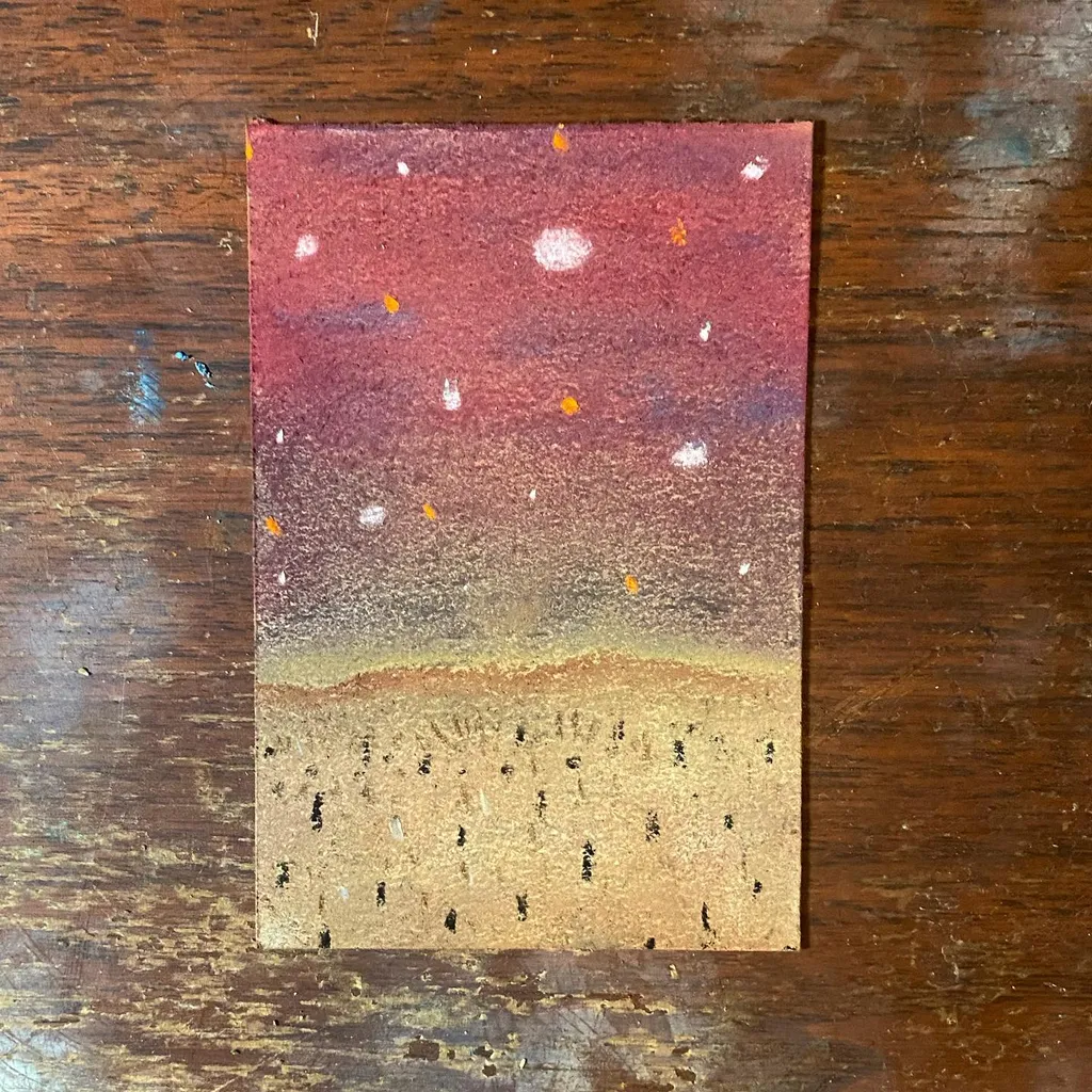 A rectangular artwork depicts a layered scene, transitioning from a speckled reddish-maroon sky with white spots, through a gradient band, to a tan foreground marked with dark vertical lines.