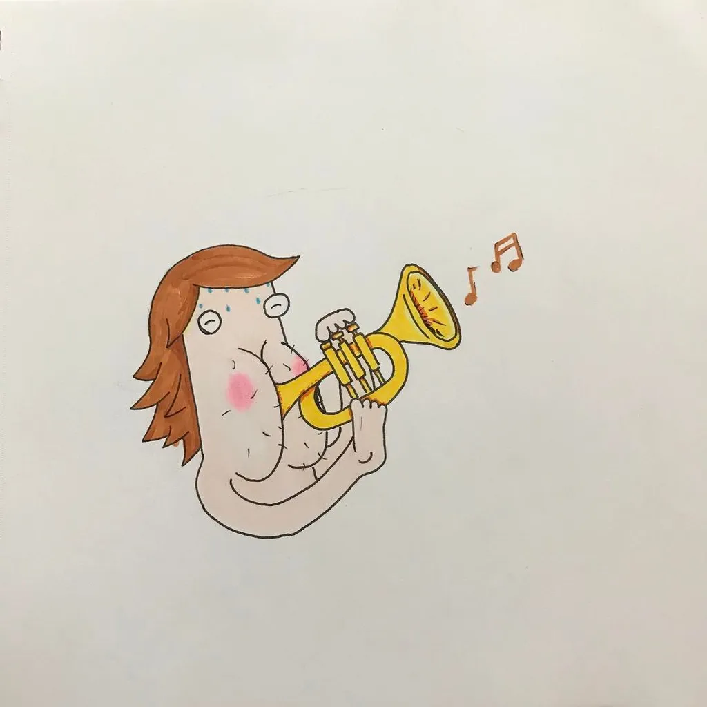 A cartoon drawing depicts a person with brown hair playing a yellow trumpet, with several black musical notes floating to the right.