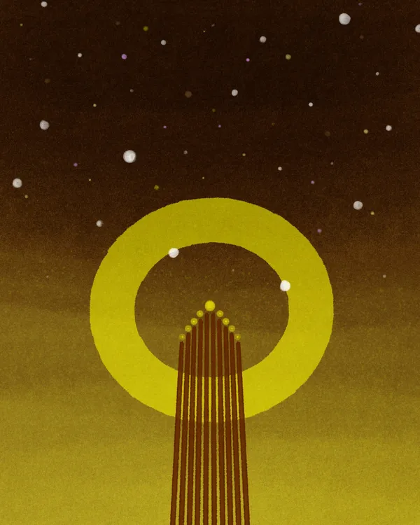 A stylized obelisk stands centered against a yellow-to-dark brown gradient background, enclosed by a large yellow ring and scattered with white dots.