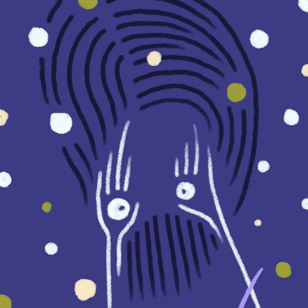 A stylized face in white lines is centered against a deep purple background, framed by dark blue concentric arcs and scattered white, yellow, and green dots.