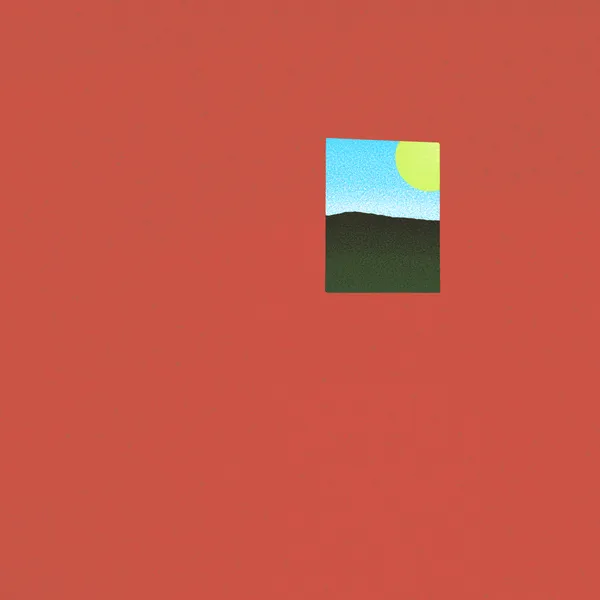 A solid reddish-orange background frames a small central square composition featuring a light blue sky, a yellow circle, and a dark green horizontal band.