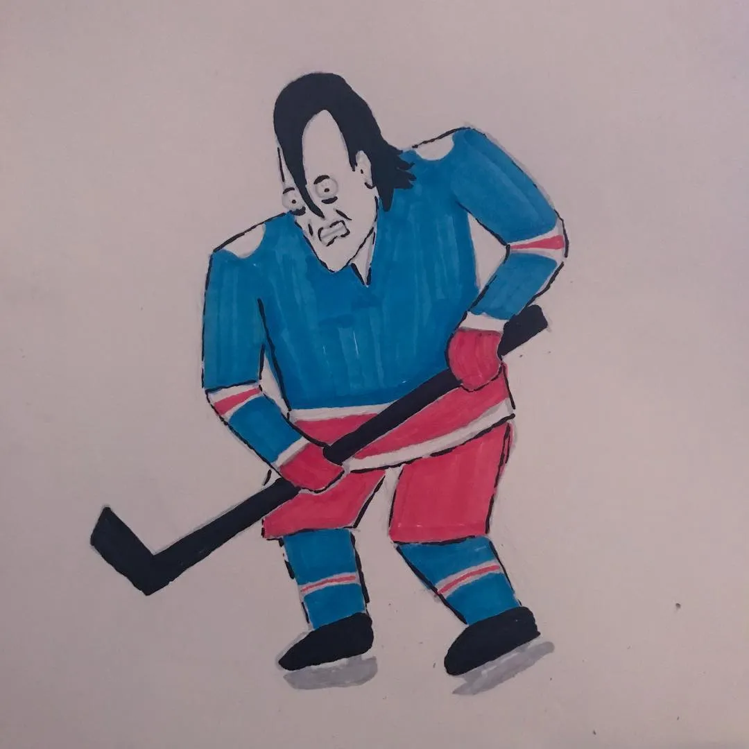 A stylized drawing of a man in a blue and red hockey uniform, featuring black hair, who is posed leaning forward and holding a black hockey stick.
