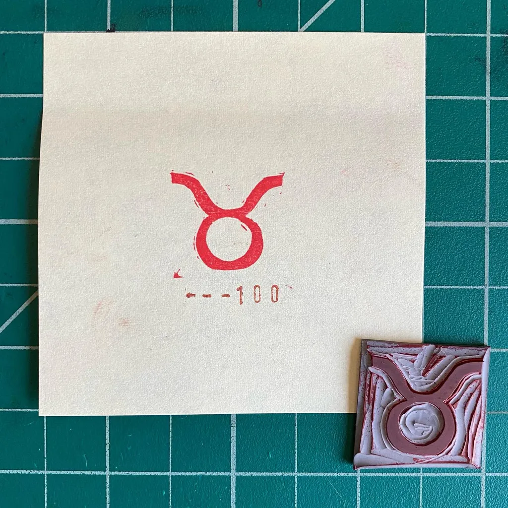 A cream paper displays a red Aries symbol and the text --100, positioned above a small, square, reddish-brown object with carved, abstract markings, all set against a dark teal grid background.