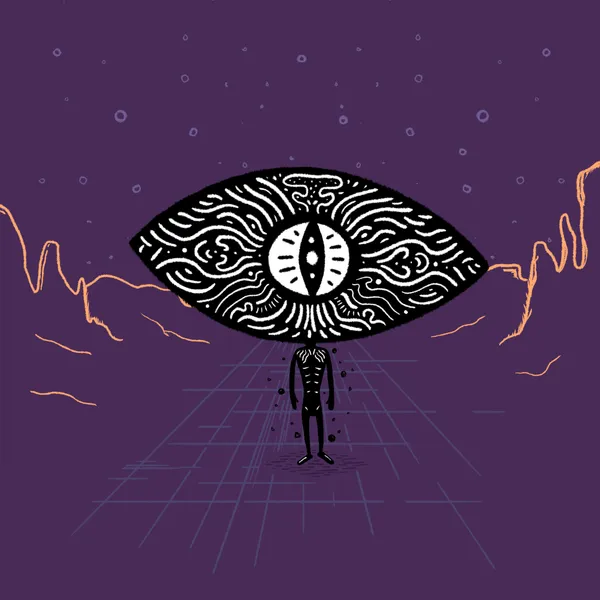 Centered on a purple grid, a small black figure stands beneath a large, stylized eye featuring intricate white swirls, framed by wavy orange lines against a dark purple background.