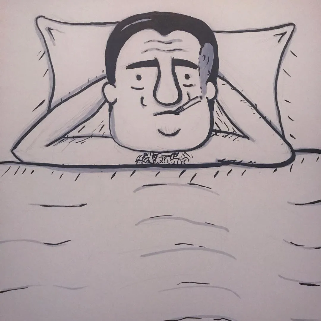 A black and white line drawing depicts a man with stubble resting his head on a pillow above a wavy line representing water, holding a cigarette.
