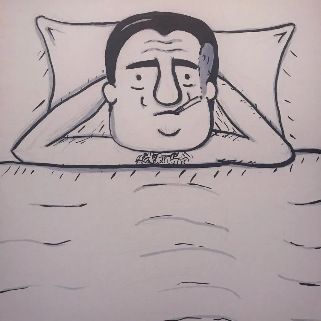 A black and white line drawing depicts a man with stubble resting his head on a pillow above a wavy line representing water, holding a cigarette.