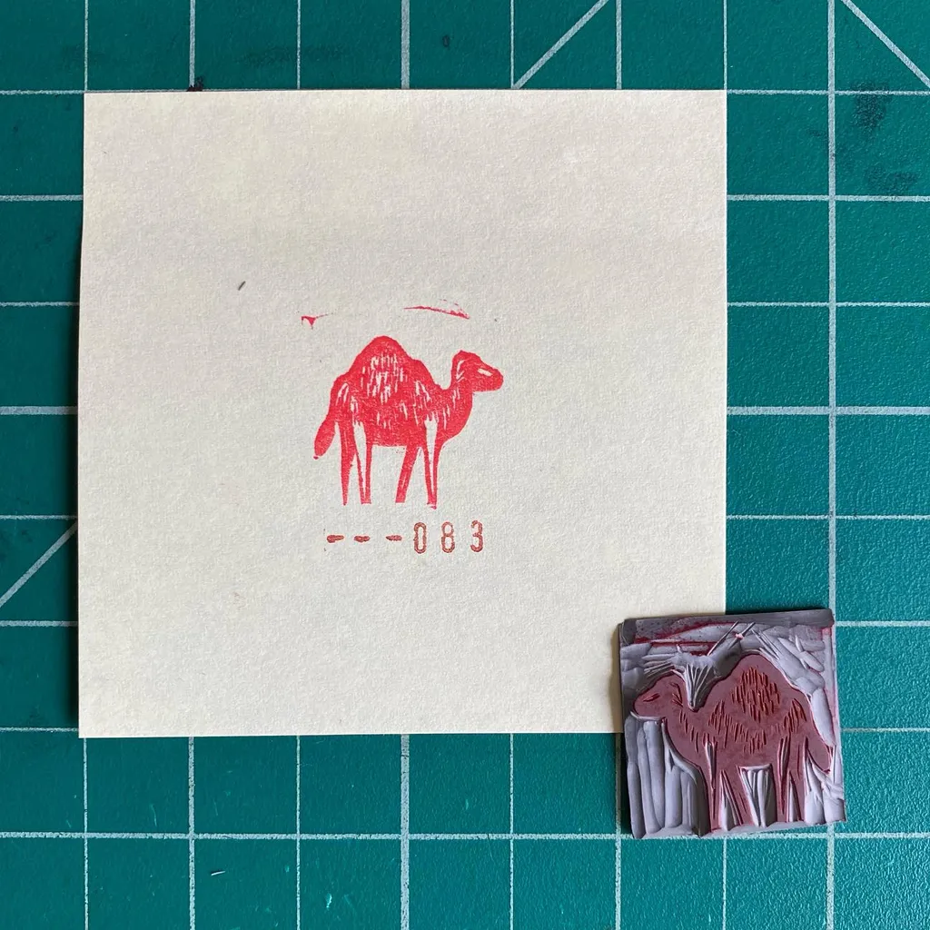 A drawing of a red camel and the number 083 is centered on white paper, placed on a gridded surface next to a small, reddish-brown, textured square object.