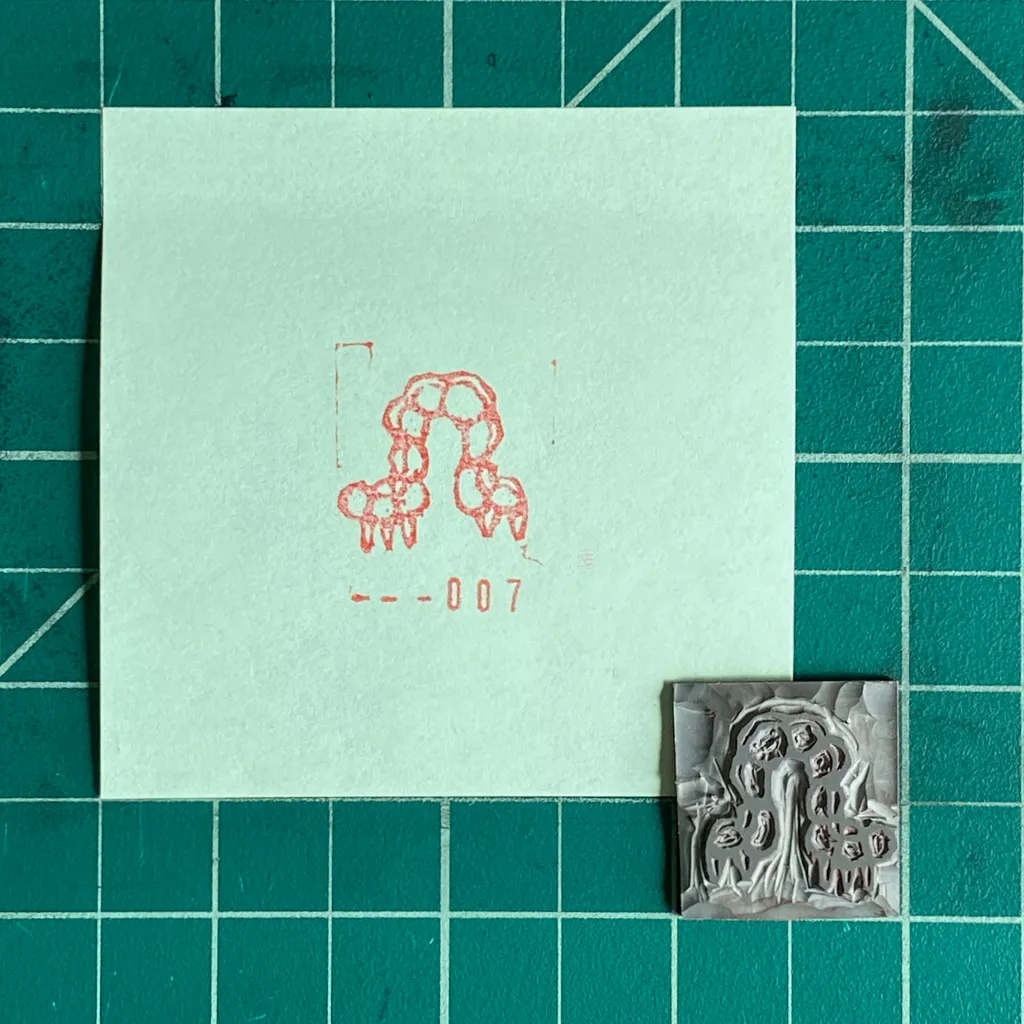 A light mint square paper on a dark teal grid displays a red outline drawing of a segmented creature and the number --007, next to a small, square, textured relief sculpture of the same creature.