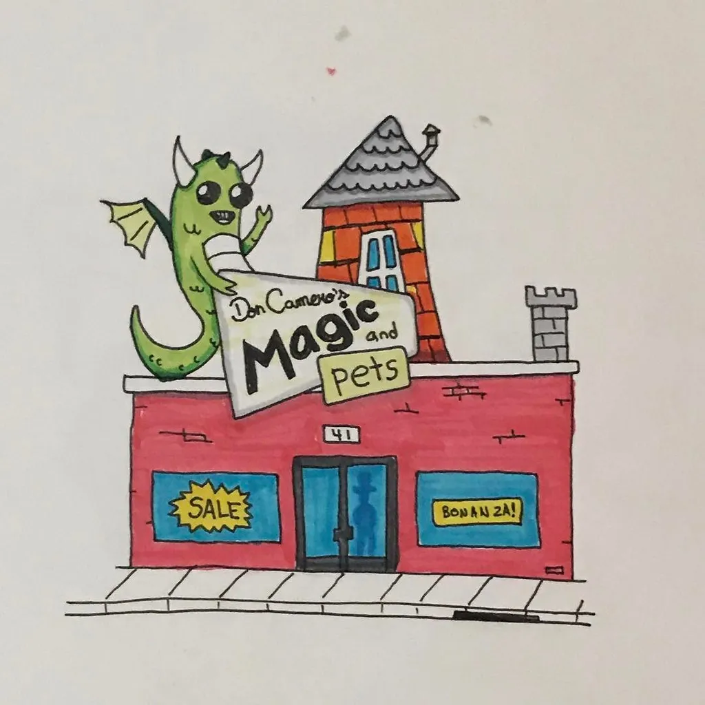 A cartoon storefront features a red building with blue doors and a sign for Don Cameron's Magic and Pets, accompanied by a green winged dragon and an adjacent orange house structure.