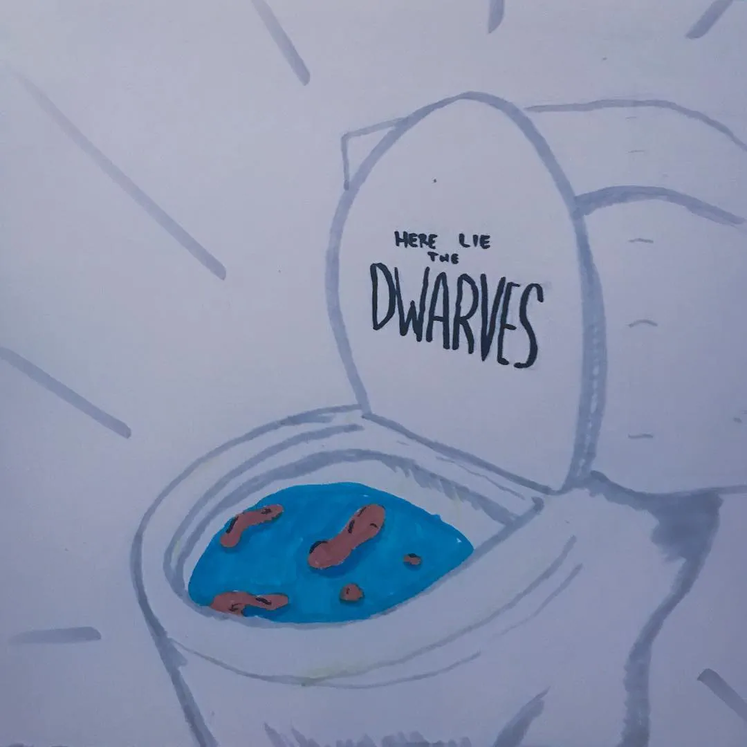A drawing depicts a figure seated on a toilet, with the toilet bowl filled with blue water and several small, reddish-brown figures floating inside.