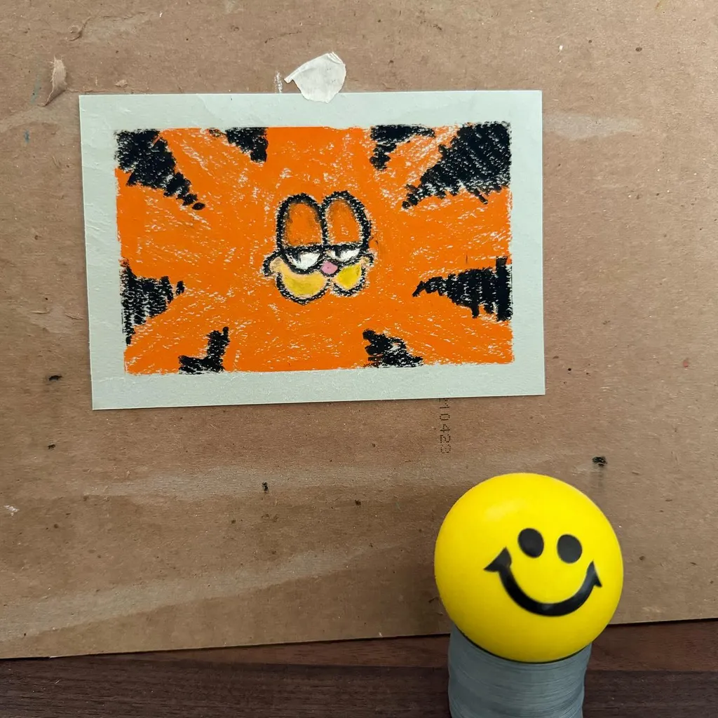 A white drawing shows a yellow smiley face centered on bright orange, surrounded by black scribbles, taped to brown cardboard, with a yellow smiley face on a gray cylinder resting below it.