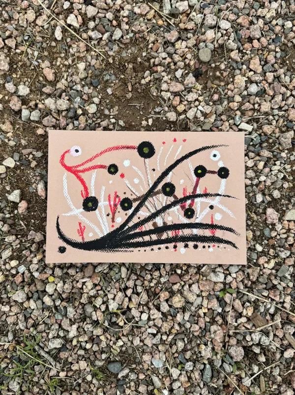 Abstract composition on light beige paper featuring delicate, curved lines and scattered dots in black, white, and reddish-orange, anchored by a bold, sweeping black curve across the lower half.