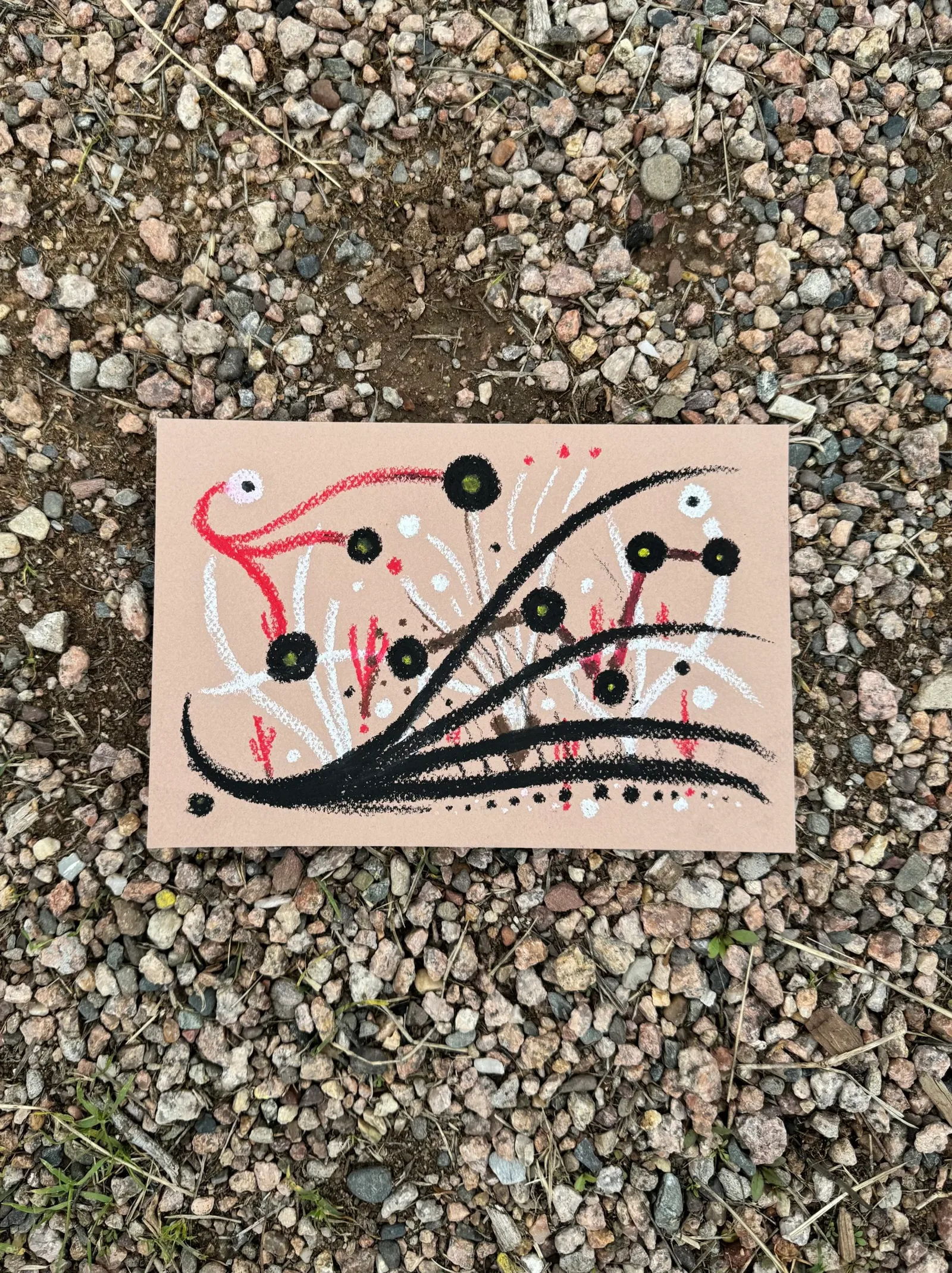 Abstract composition on light beige paper featuring delicate, curved lines and scattered dots in black, white, and reddish-orange, anchored by a bold, sweeping black curve across the lower half.