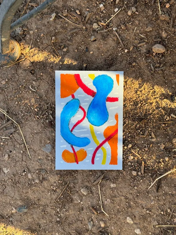 Abstract composition on a white square featuring bright blue, curved forms linked by vertical red and orange lines, with smaller orange shapes at the base.