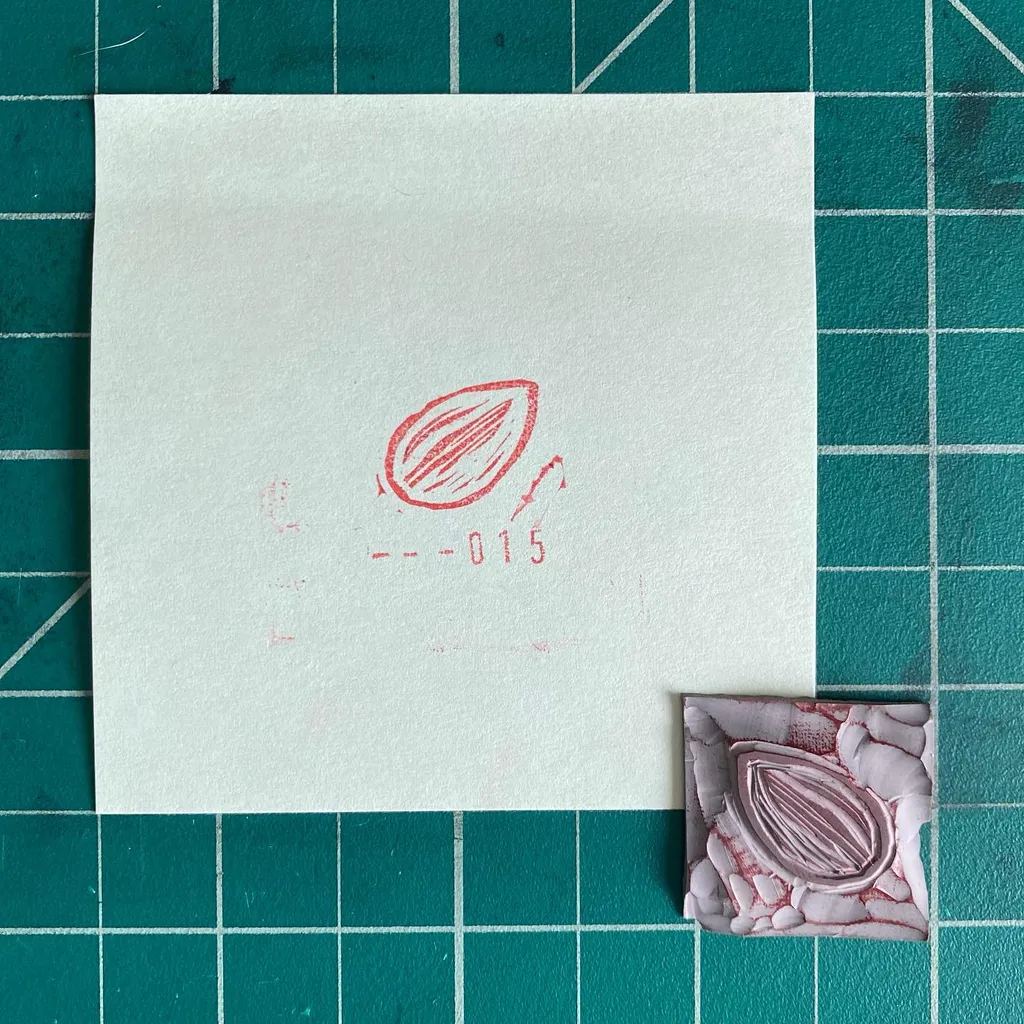 A white sheet on a teal grid background displays a red-lined drawing of an elongated seed shape and the number -015, positioned above a small, layered, reddish-pink textured object.