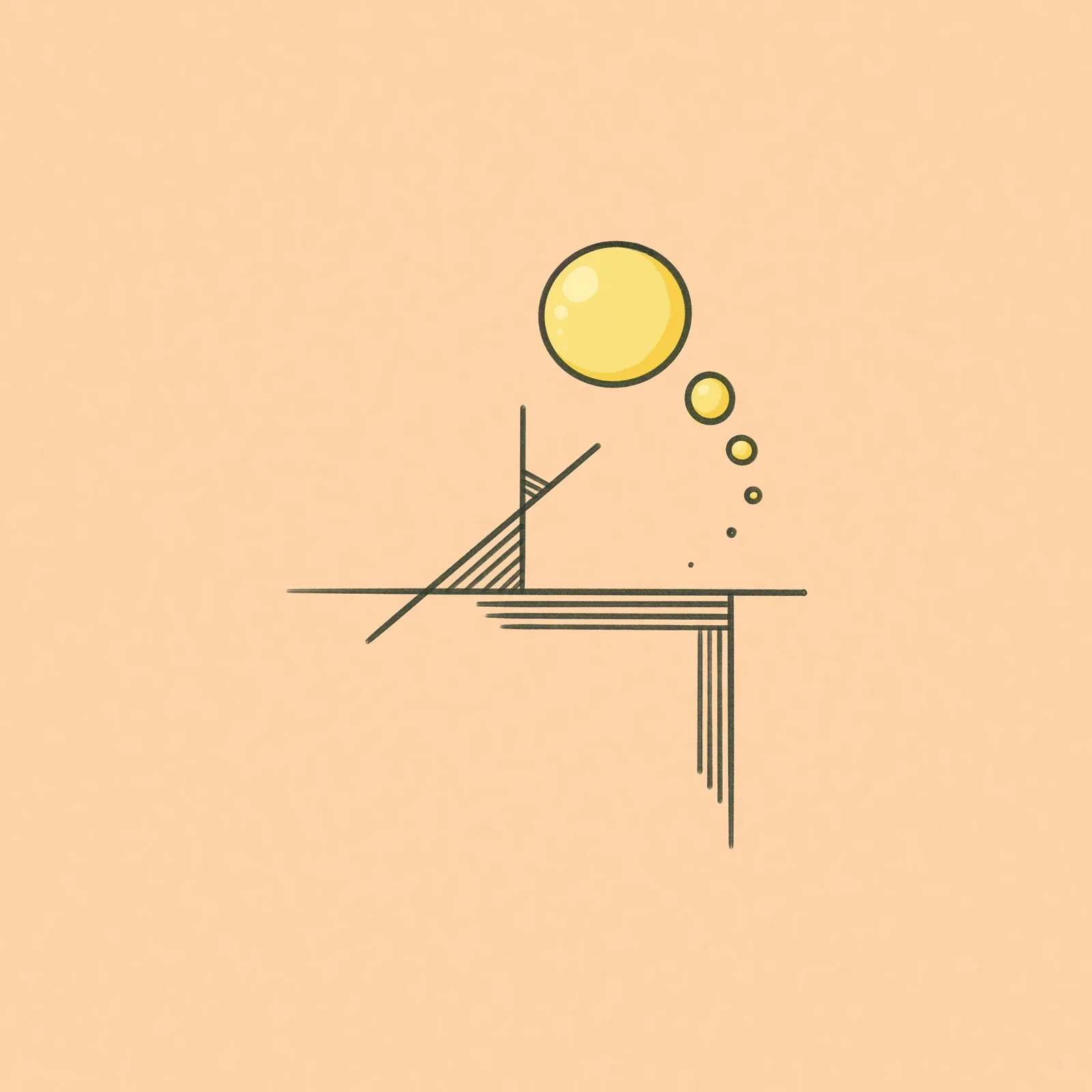 A simple, abstract composition featuring thin black lines forming a geometric structure and a horizontal line, accompanied by three yellow circles of decreasing size, set against a pale peach background.
