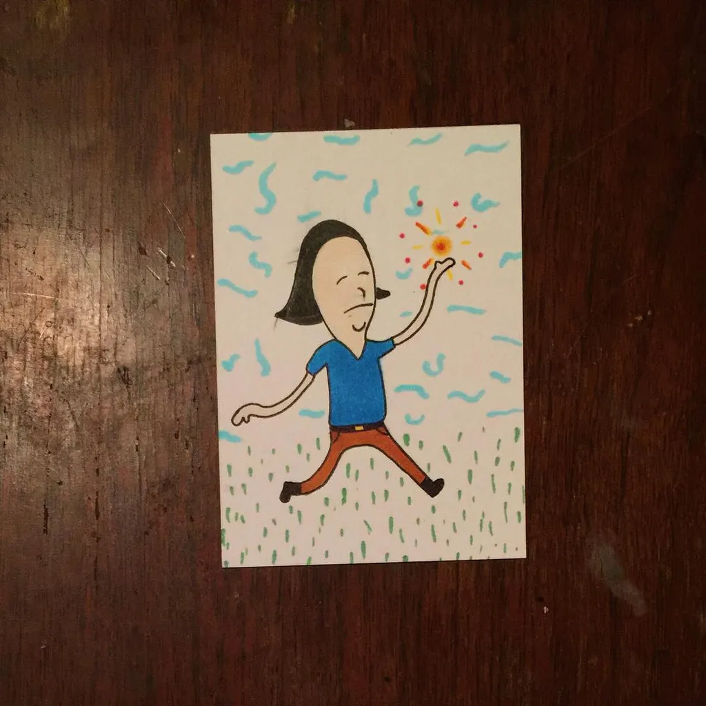 A cartoon figure with dark hair, wearing a blue shirt and brown pants, jumps across a background of wavy blue lines and small dashes, extending a hand toward a bright yellow starburst.