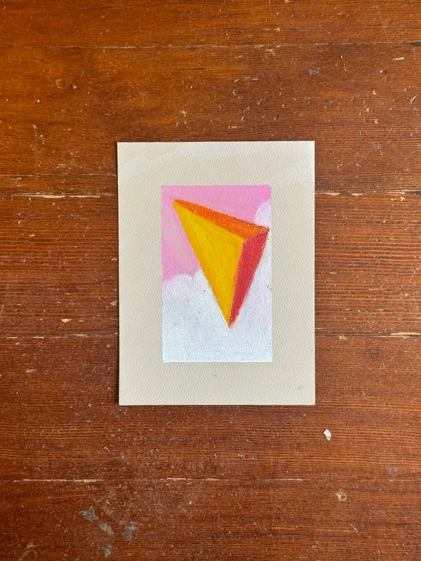 A central geometric shape of yellow and red triangles sits against a soft background featuring pink and white cloud forms.