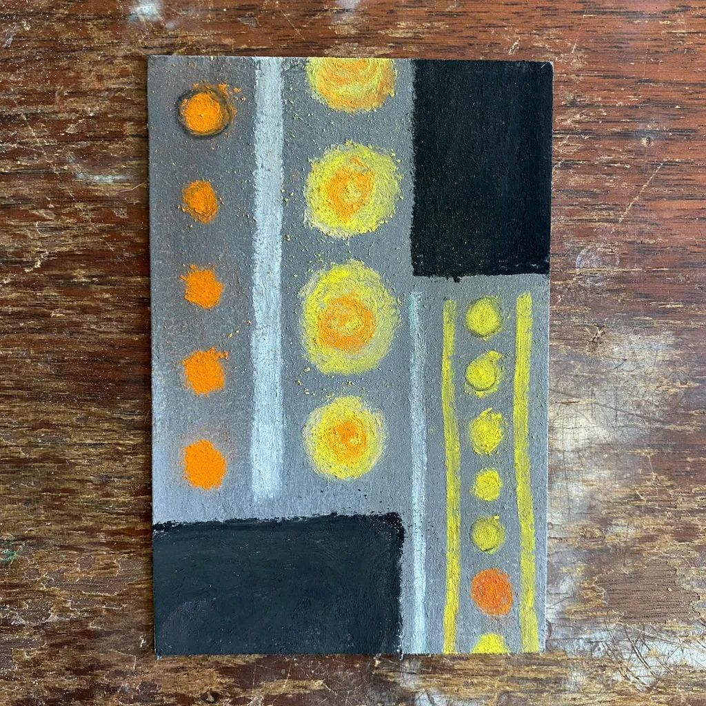 Abstract composition featuring geometric blocks of black, gray, and yellow, arranged in vertical sections with repeating circles of orange and yellow.