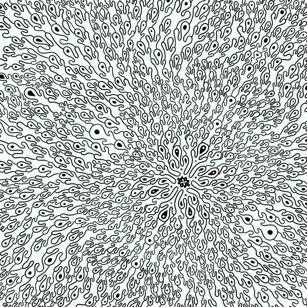 Black and white abstract pattern featuring dense, symmetrical, organic line work radiating outwards from a central point in concentric circles.