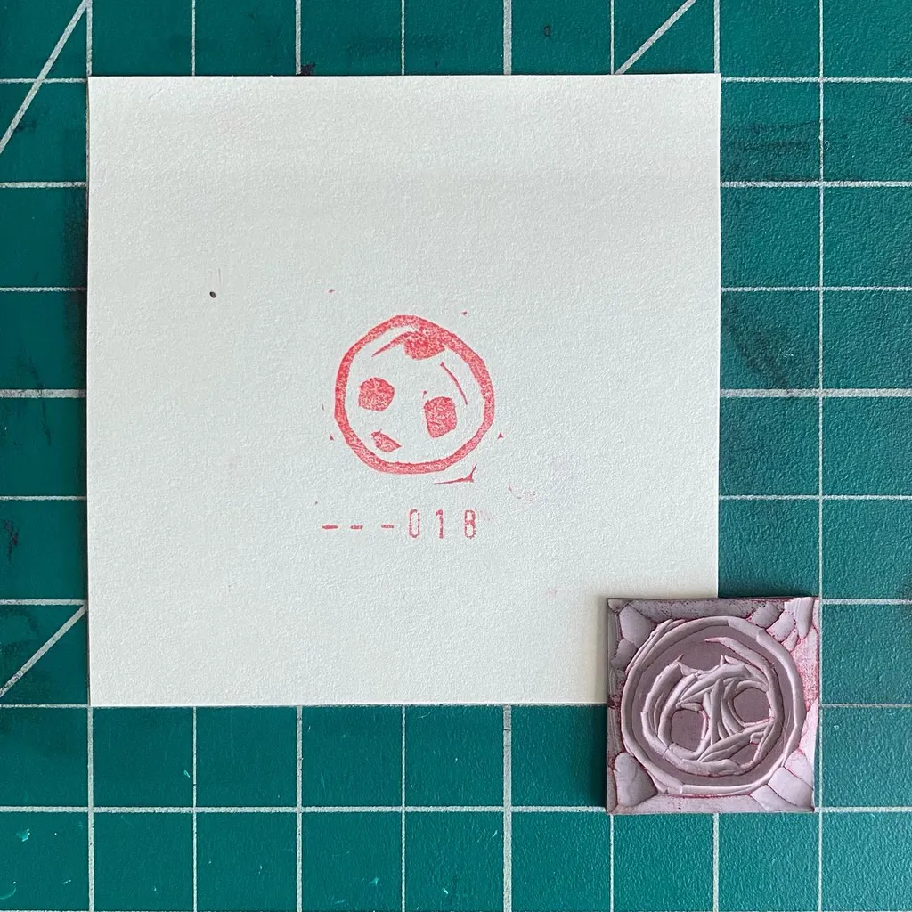 On a teal grid, a white square displays a reddish-pink drawing of a circle with three internal shapes and the number -018, next to a small, square, molded pink object featuring layered folds.