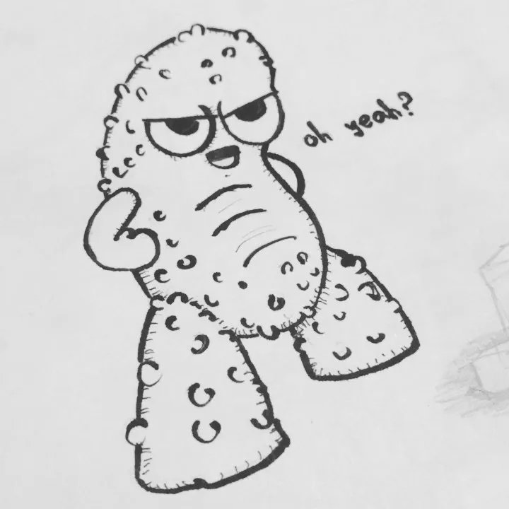 A hand-drawn sketch of a squat, spotted cartoon character with large eyes and a tired expression, accompanied by the handwritten phrase oh yeah?