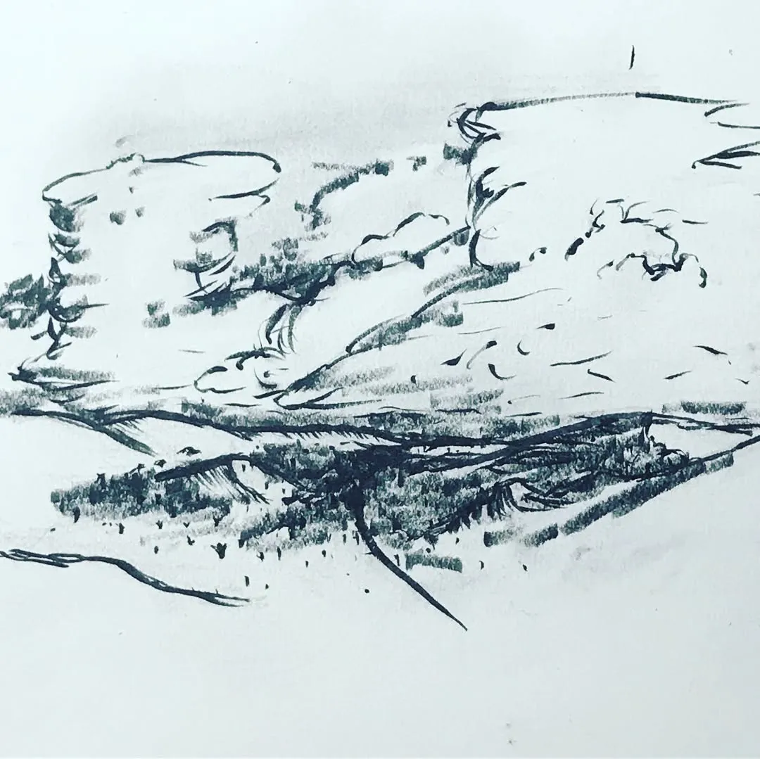 Dark, sketchy lines define a layered landscape of rock formations and ground, with dense, hatched marks suggesting brush across the center.