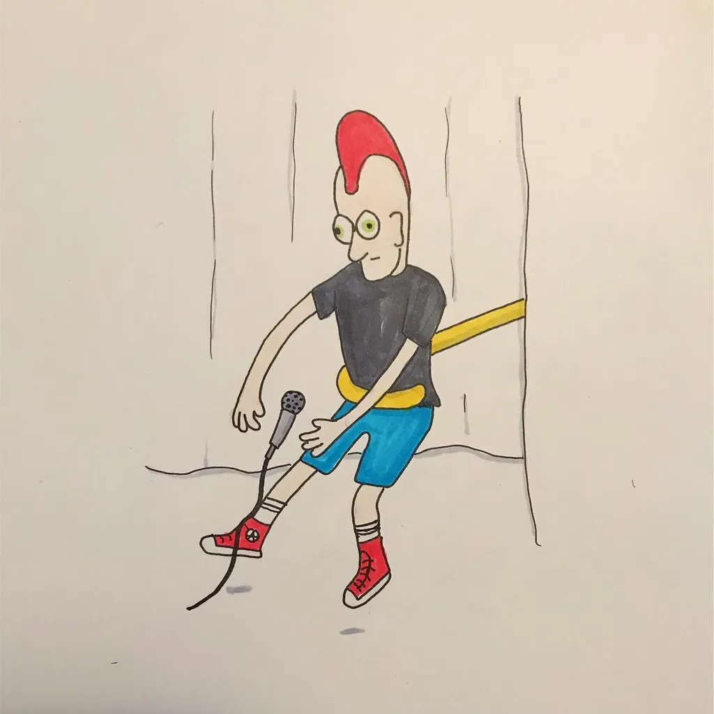 A cartoon drawing shows a man with red hair, dressed in a black shirt and blue shorts, standing in a doorway while holding a microphone and leaning on a yellow bar.