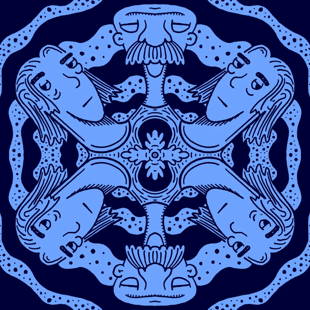 Three stylized blue faces with mustaches are arranged in a symmetrical triangle, connected by arms and surrounding a central floral element, all set against a dark background with speckled textures.
