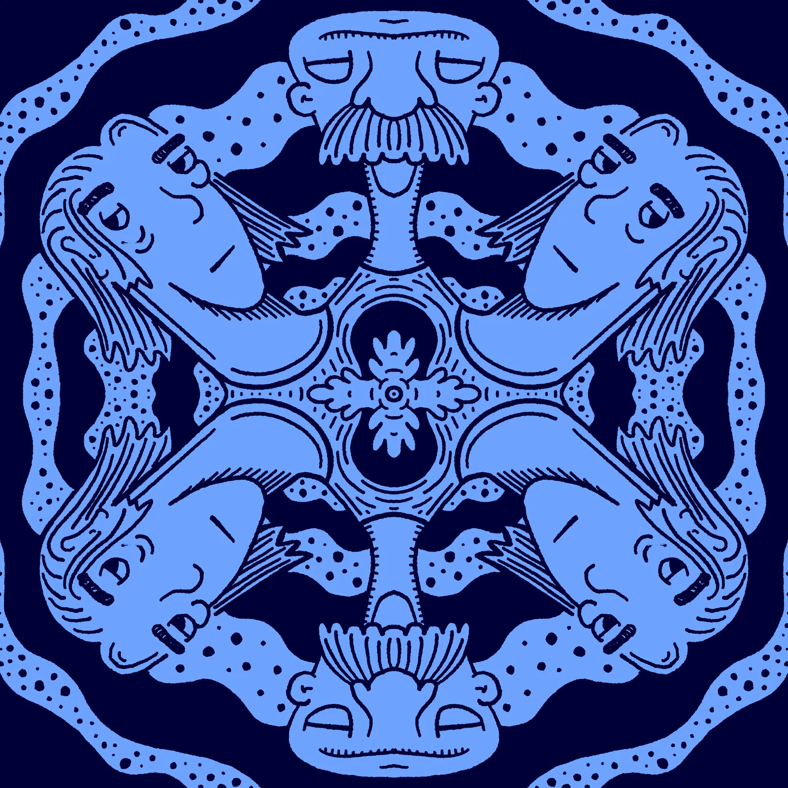 Three stylized blue faces with mustaches are arranged in a symmetrical triangle, connected by arms and surrounding a central floral element, all set against a dark background with speckled textures.