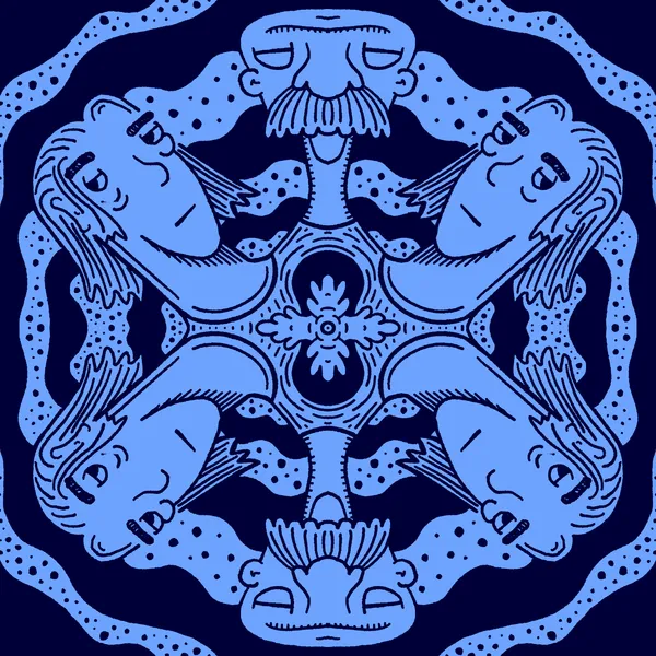Three stylized blue faces with mustaches are arranged in a symmetrical triangle, connected by arms and surrounding a central floral element, all set against a dark background with speckled textures.