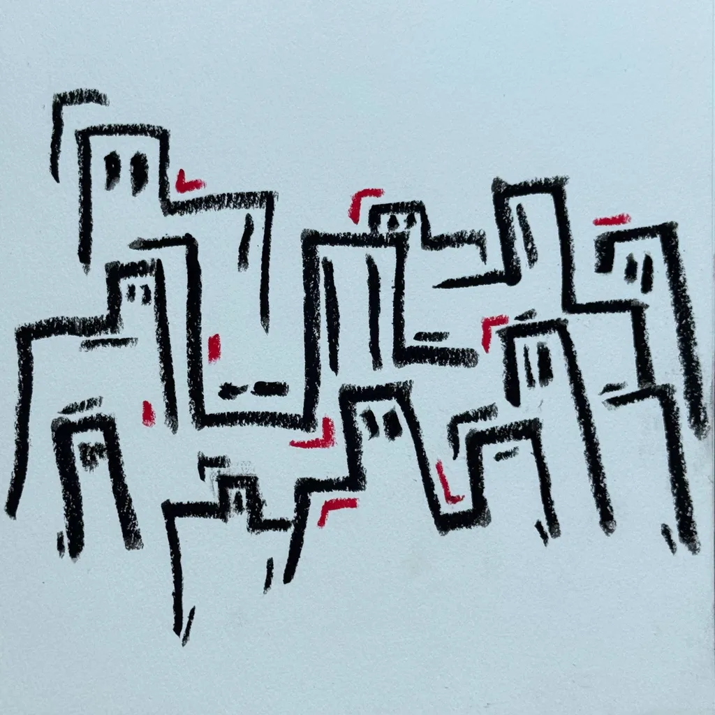 Black and red lines create a row of stylized, blocky figures standing side-by-side on a white background.