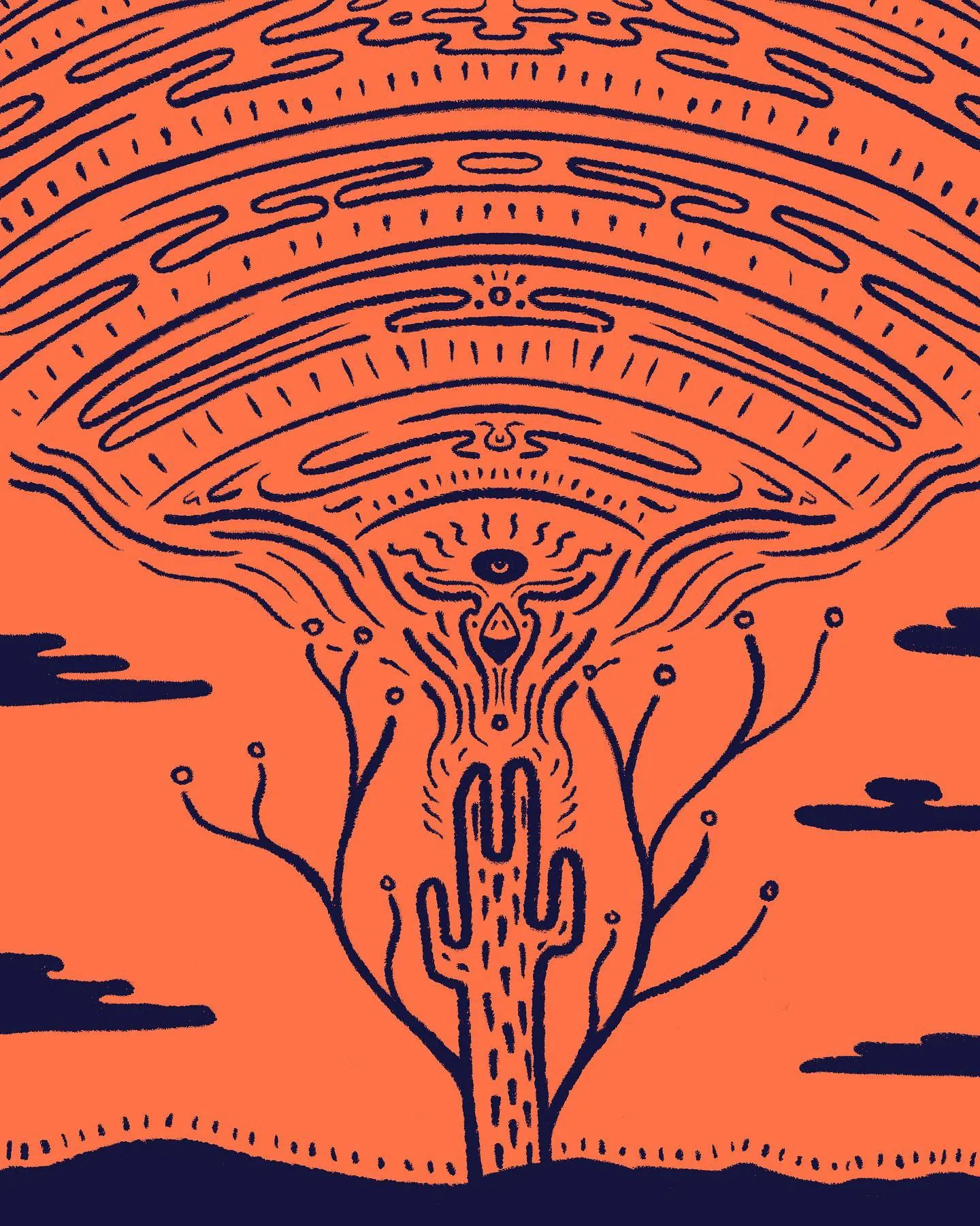 Two saguaro cacti stand in an orange desert beneath a radiating sky composed of wavy lines, featuring a central stylized eye motif and dark blue accents.