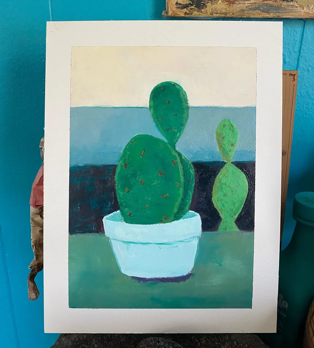 Three stylized green cacti in a light blue pot sit on a teal surface, framed by a background composed of horizontal bands of cream, blue, and dark blue.