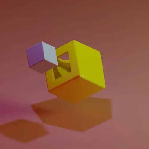 A composition of three solid, geometric cubes—one lavender and two bright yellow—are clustered together, featuring an abstract yellow mark on the main cube, all resting on a muted reddish background.