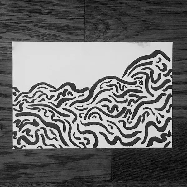 A monochromatic composition featuring dense, fluid black lines that fill the lower portion, creating a wavy, organic pattern beneath a large expanse of white space.